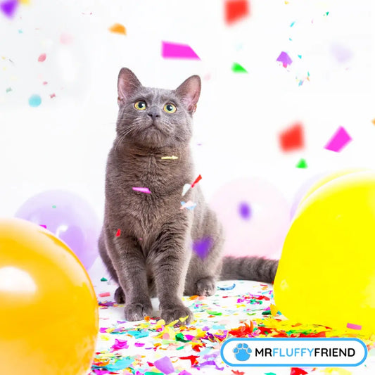 Een speelse grijze kat tussen kleurrijke confetti en ballonnen om de Internationale Kattendag te vieren