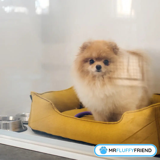 Featured image voor de blog "Wat is een hondenpension? Stressvrije zorg voor je hond met Oud en Nieuw" met een kleine pluizige hond in een glazen kennel