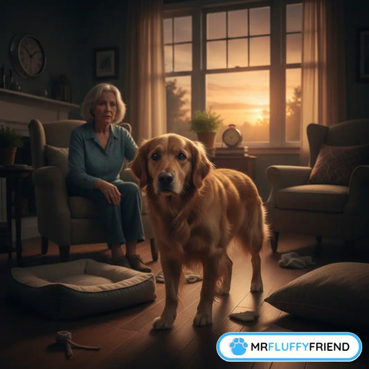 Oudere Golden Retriever die bij zonsondergang verward in een woonkamer staat, ter illustratie van het Sundowner Syndroom bij honden.