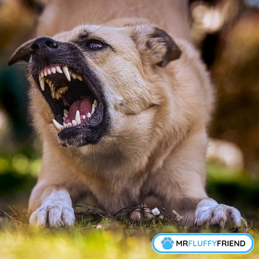 Een hond met open bek, die blaft en misschien wat agressief lijkt