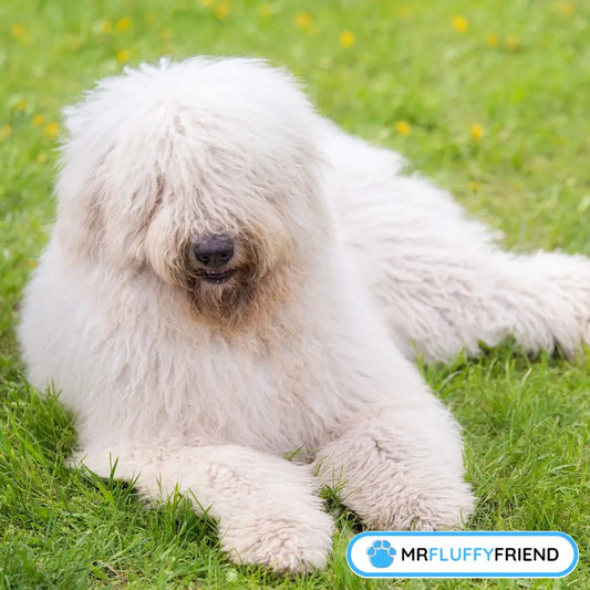Een pluizige witte Komondor die op groen gras ligt te rusten en laat zien dat zelfs de meest ruige grote hondenrassen niet verharen