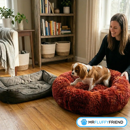 Cavalier King Charles Spaniël stapt van een oud, versleten hondenbed naar een nieuw, zacht rood donut-hondenbed