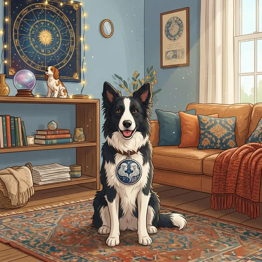 Een Border Collie met een Tweelingen-medaillon in een gezellige studeerkamer, die laat zien hoe bepaalde hondenrassen en sterrenbeelden bij specifieke persoonlijkheden passen.