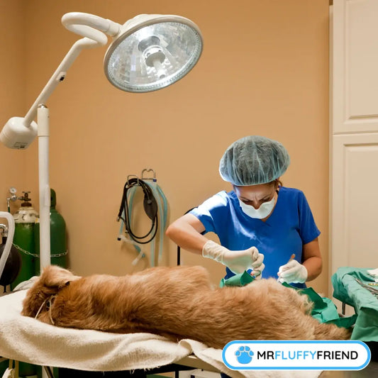 Uitgelichte afbeelding voor een blog: “Moet ik mijn oude hond laten opereren?” met een dierenarts in blauwe operatiekleding en mondmasker die een hond opereert