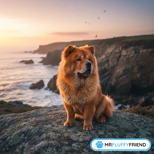 Een pluizige Chow Chow met een leeuwachtige uitstraling, majestueus zittend op een rotsachtige klif bij zonsondergang, die het rustige en onafhankelijke karakter van het ras laat zien.