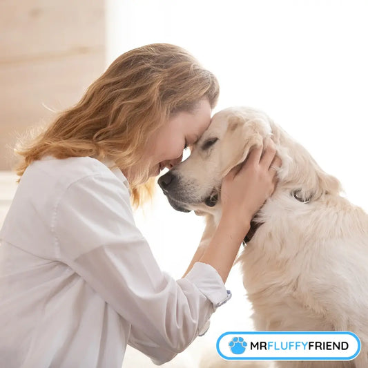 Een vrouw raakt zachtjes het voorhoofd van een golden retriever aan, beiden met gesloten ogen, wat een diepe band en rust uitstraalt.