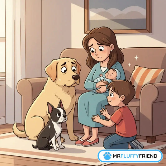 Verdrietige Golden Retriever en Boston Terrier die jaloers doen naast een moeder die een baby vasthoudt.